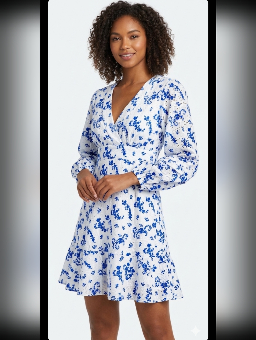 SHOSHANNA Floral V-Neck Long Sleeve Mini Dress - White/Blue. Size 6